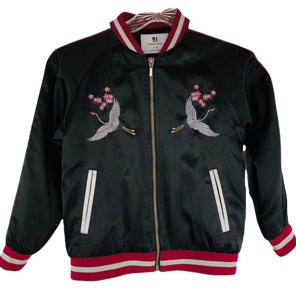 Standard Issue Satin Bomber Jacket Black Embroidered Cranes Blossoms